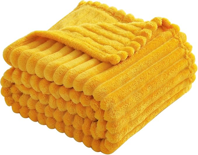 Gold Fleece Throw Blanket 90”×90” for Couch Sofa Bed,Super Soft Cozy Plush Microfiber Flannel Blanket with Stripes Design Lightweight for Adults,Woman,Girls