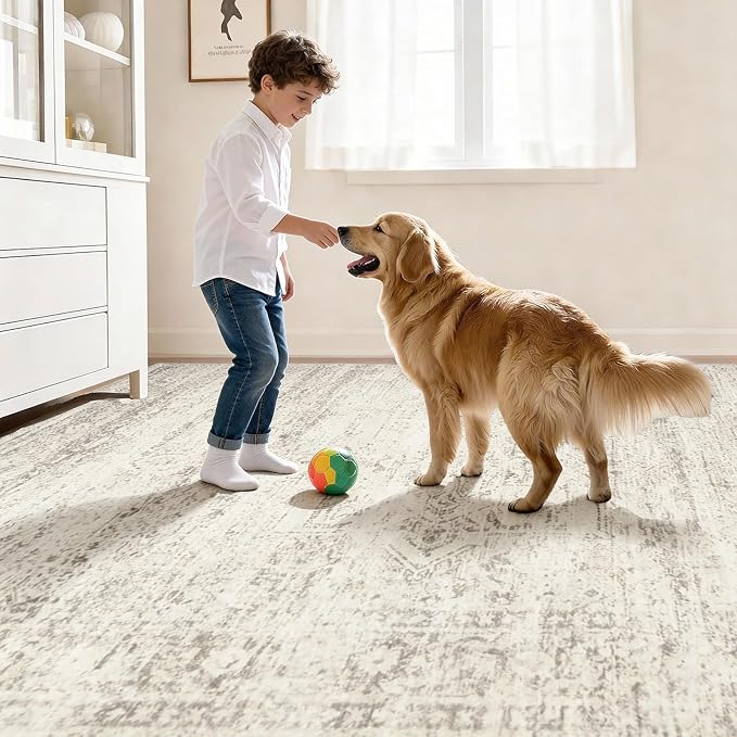 Double Layers 8x10 Area Rugs for Living Room- Upgraded Removable(Upper Layer+Lower Layer) Washable Area Rugs for Bedroom,Dining Room- Large Vintage Carpets with Cushioned Pad for Home Office