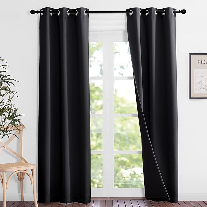 NICETOWN High-End Thermal Kitchen Curtains, Full Blackout Curtains 84 Inches Long for Dining Room, Soundproof Window Treatment Drapes for Hall Room, Black, 37" Wide Per Panel, Set of 2 Panels