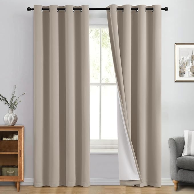 Yakamok 100% Blackout Curtain Panels 84 inches Cold and Light Blocking Drapes for Nursery, 2 Thick Layers Thermal Insulated Draperies (2 Pieces, 50 Wide Each Panel, Natural Front with White Backing)