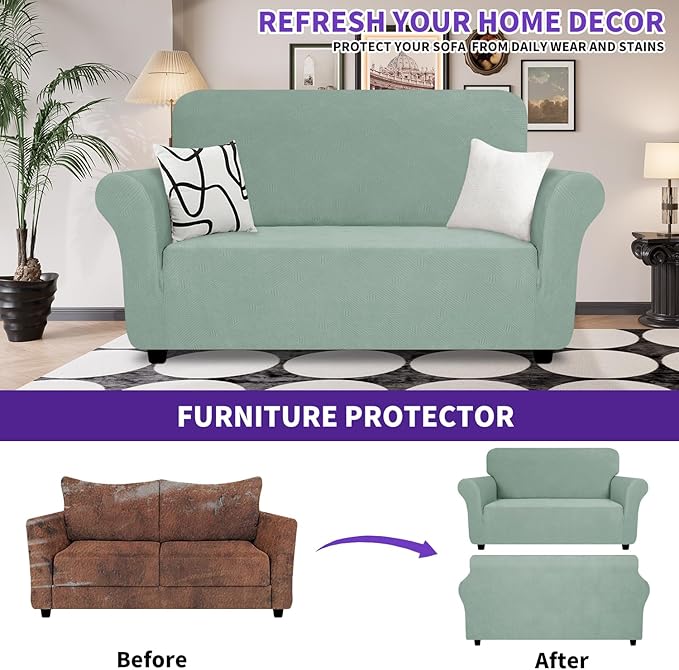 ZNSAYOTX Super Stretch Loveseat Covers (57"-70"), New Striped Love Seat Slipcover, Dogs Pet Friendly Anti-Slip Couch Protector Spandex Durable 2 Seater Fabric Sofa Cover (Pea Green, Loveseat)