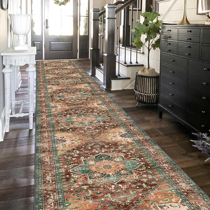 Washable Runner Rug, 2'3" x 14' Non-Slip Boho Vintage Hallway Rug Runner with Rubber Backing, Stain Resistant & Low Pile Faux Wool Distressed Carpet Runner for Bedroom, Kitchen, Laundry, Entrance