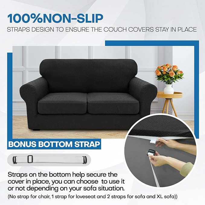 XINEAGE 2026 New 3 Pieces Couch Covers for 2 Extra Large Cushion Sofa Super Stretch Sofa Cover for 2 Large Seat Cushion Universal Loveseat Slip Cover for Living Room (Black), 71"-91"(2 Cushions)
