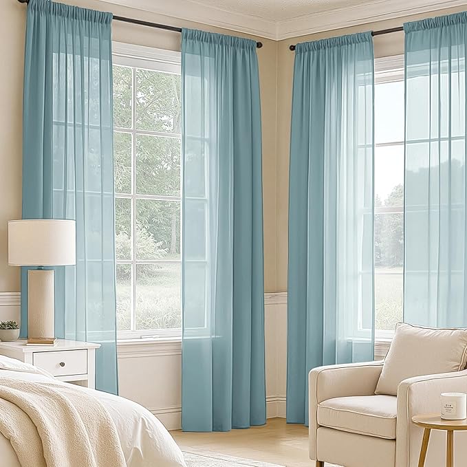 MIULEE Dusty Blue Sheer Curtains 90 Inches Long, 4 Panels Set, Light Filtering Rod Pocket Voile Drapes for Living Room and Bedroom, Airy Soft Fabric Window Treatments, 42 x 90 Inches