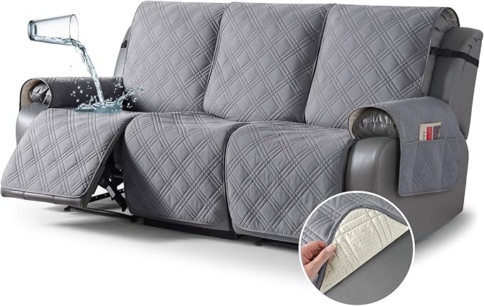 TAOCOCO 100% Waterproof Recliner Sofa Cover, Non Slip Split Couch Covers for Reclining Couches with Elastic Straps, Washable Reclining Sofa Cover Furniture Protector for Kids Pets(3 Seater, Gray)