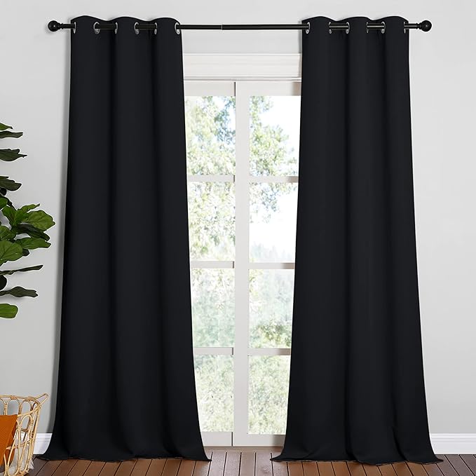 NICETOWN Black Out Curtain Panels - Home Decoration Thermal Insulated Solid Grommet Blackout Curtains/Drapes for Hall/Dining Room (Set of 2, 42 inches by 95 Inch, Black)