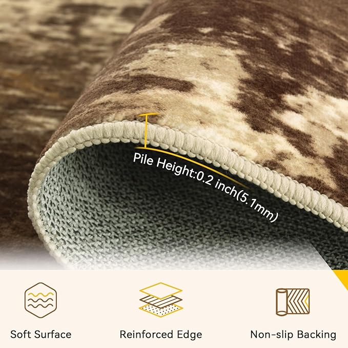 Washable Area Rugs 9'x12' Non-Slip Modern Abstract Soft for Living Room Entryway Bedroom Nursery, Print Pattern, Brown Tan Beige Coffee