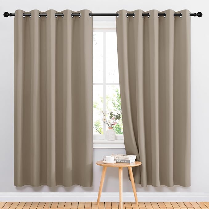 NICETOWN Bedroom Curtains Blackout Drapery Panels, 2 Panels, 70 x 72 inches, Taupe, Three Pass Microfiber Thermal Insulated Solid Ring Top Blackout Window Curtains/Drapes