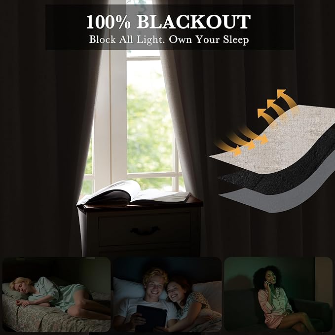 RYB HOME Natural Beige 100% Blackout Short Curtains 45 inch Length 52 Width, Light Blocking & Thermal Insulated Curtains for Kitchen/Small Window/Bathroom/Basement, 2 Panels
