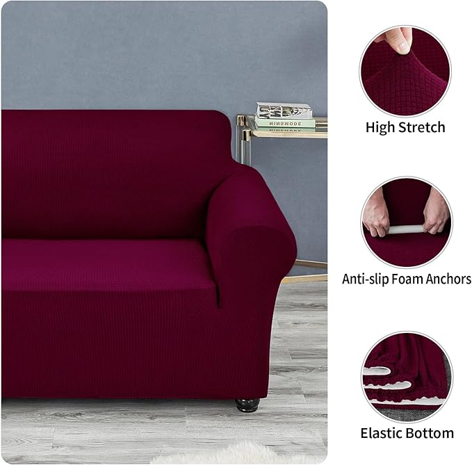 Joccun Christmas Stretch Loveseat Couch Cover Slipcover, 1-Piece Sofa Cover for 2 Cushion Couch Spandex Jacquard Washable Furniture Protector Cover for Living Room,Kids,Pets（Loveseat,Burgundy）
