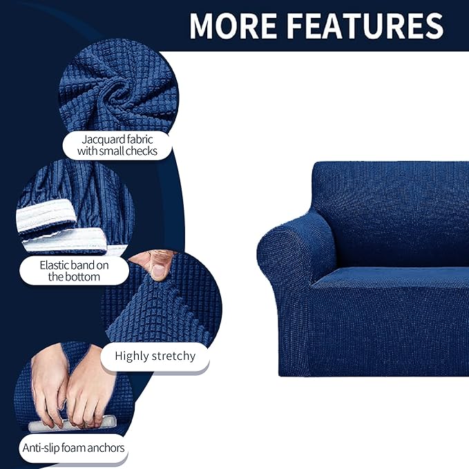 Cupuamon 2026 New Stretch Chair Sofa Slipcovers Couch Cover for 1 Seater Furniture Protector Sofa Covers with Elastic Bottom Jacquard Fabric Small Checks for Pets, Kids - Classic Blue