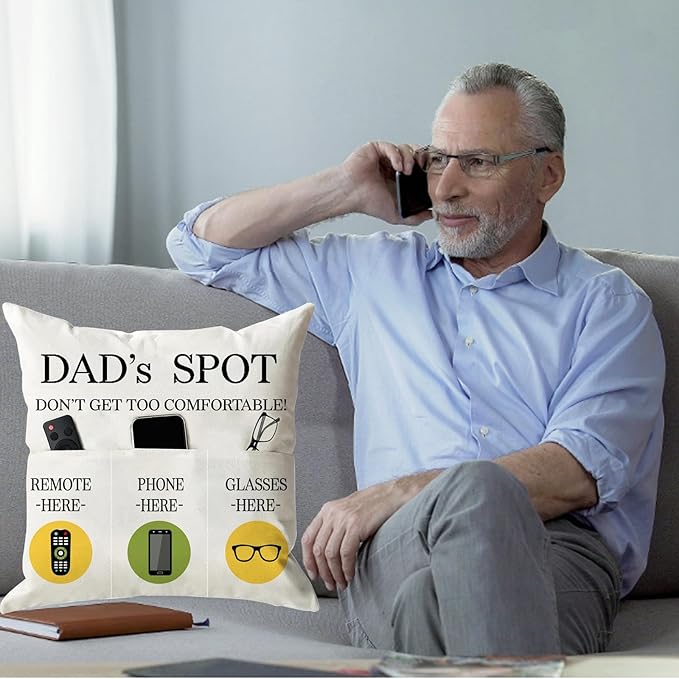 ONFAON Father's Day Throw Pillow Case, Dad's Spot Throw Pillow Covers 18 x 18 Inch，Dad Gifts from Daughter Son，Birthday Christmas Thanksgiving Day Gifts for Papa Stepdad ，3-Pocket