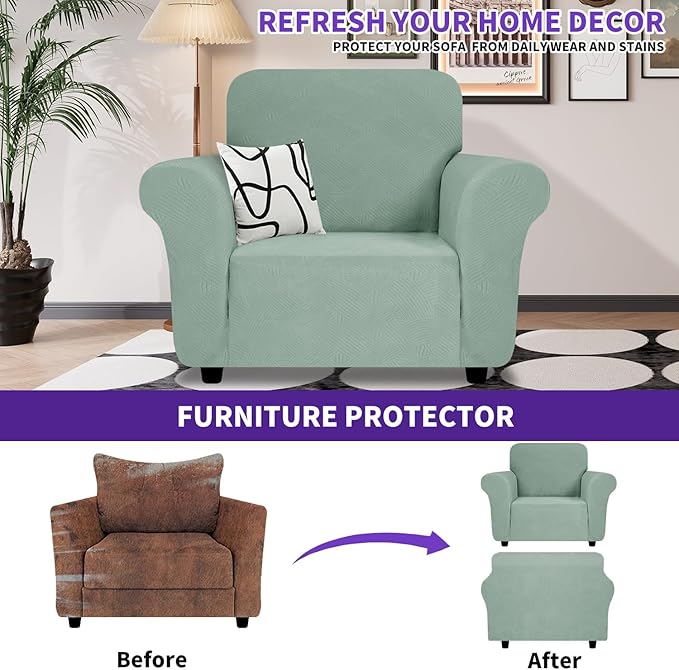 ZNSAYOTX Super Stretch Chair Slipcover (30"-47"), New Striped Sofa Chair Covers for Living Room, Dogs Pet Friendly Anti-Slip Chair Protector Spandex Armchair Slipcovers (Pea Green, Chair)