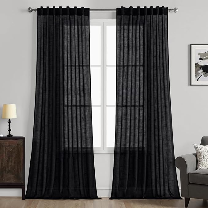 MIULEE Black Linen Curtains 90 Inch Length 2 Panels for Bedroom Living Room, Soft Thick Linen Textured Back Tab Window Drapes Semi Sheer Light Filtering Rod Pocket Modern Farmhouse Halloween Decor