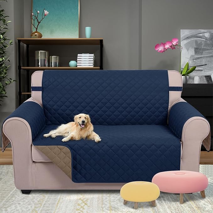 U-NICE HOME Loveseat Sofa Cover Reversible Couch Cover for Dogs with Elastic Straps Water Resistant Furniture Protector for Pets Couch Cover for 2 Cushion Couch (Loveseat, Navy/Taupe)