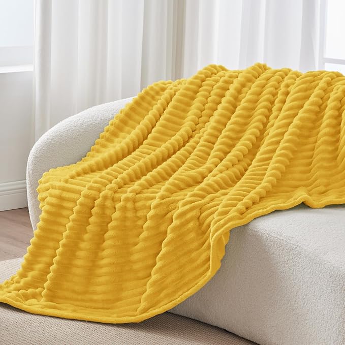 BEDELITE Fleece Throw Blanket for Couch - 300GSM Soft & Warm Fluffy Yellow Blanket, Decorative and Giftable Striped Blankets for Women, Men, 50"x60"
