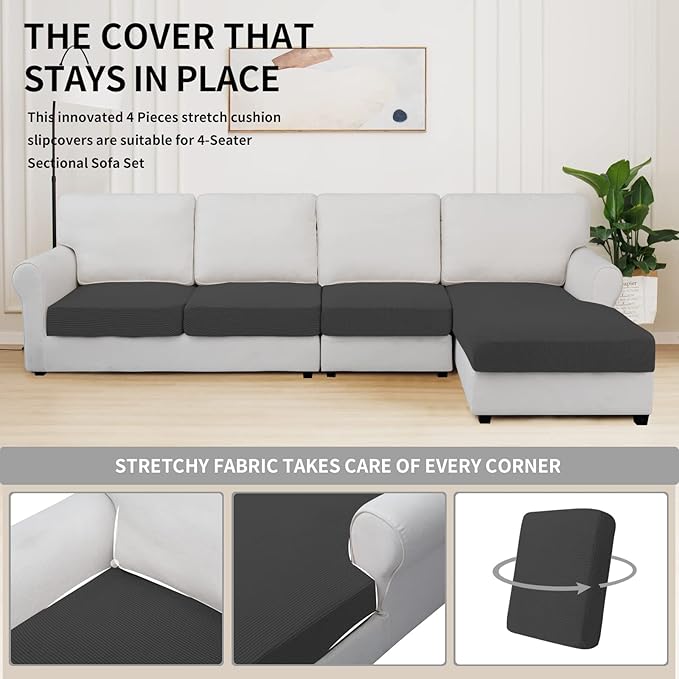 Easy-Going Stretch 4 Pieces Couch Cushion Covers for Sectional Sofa Left/Right L Shape Chaise Lounge Sofa Seat slipcover Anti-Slip Sofa Cover Soft (3 Seater + 1 Chaise, Dark Gray)