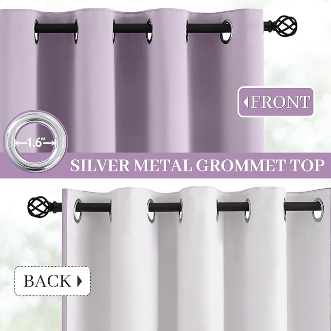 Yakamok Lilac 100% Blackout Curtains 72 Inches Long with 2 Thick Layers-Light Purple Room Darkening Thermal Insulated Window Curtain Set of 2 Panels for Bedroom Living Room 52x72 Inches,Lavender