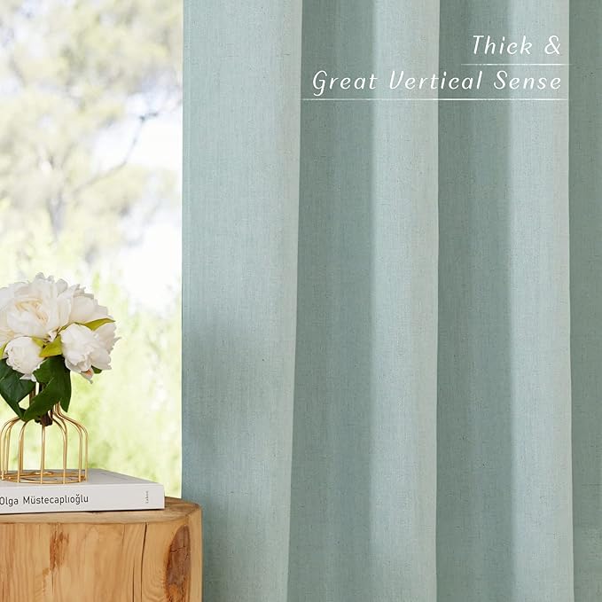 NICETOWN Sage Green Short Linen Curtains for Kitchen, Thick Flax Small Window Treatments Semi Sheer Privacy Assured with Light Through for Cafe/Bathroom, W42 x L48, 2 Panels