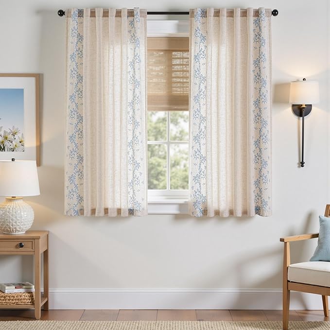 jinchan Evelyn Embroidered Linen Curtains 63 inch Floral Curtains for Living Room Bedroom Farmhouse Cottagecore Semi Sheer Light Filtering Window Drapes Rod Pocket Back Tab 2 Panels W50 x L63 Blue