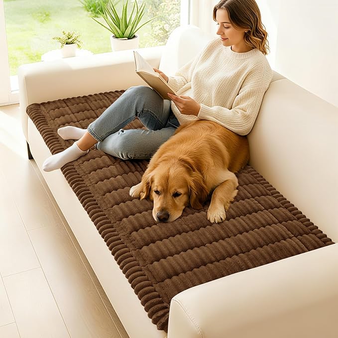 hyha Couch Covers for Dogs Washable, Non Slip Plush Dog Sofa Protectors, Fuzzy Pet Couch Covers for 3 Cushion Sofa Pet Friendly (Brown, 27.6" x 88")