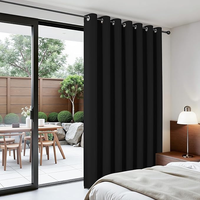 Joydeco Blackout Patio Sliding Door Curtains 108 Inches Long, Grommet Privacy Room Divider Curtains, Extra Wide Thermal Blackout Drapes for Bedroom Living Room (Black, 70Wx108L, 1 Panel)