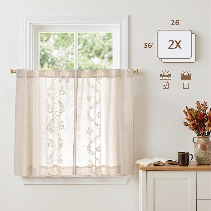 jinchan Belrose Linen Floral Kitchen Curtains 36 inch Length Embroidered Farmhouse Cafe Curtains for Living Room Bathroom Small Windows Curtain Set Sheer Light Filtering 2 Panels Ivory