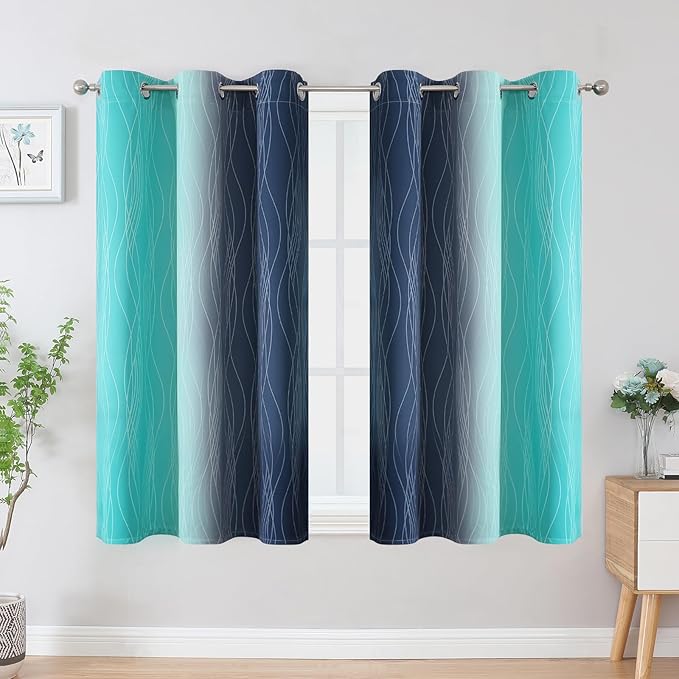 Estelar Textiler Navy Blue and Teal Ombre Blackout Curtains 45 Inch Length 2 Panels, Full Room Darkening Gradient Drapes for Kitchen, Thermal Insulated Grommet Short Curtains for Bathroom,42Wx45L