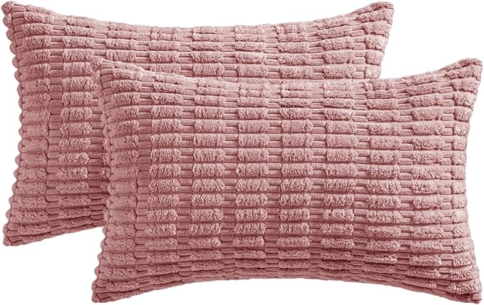 MIULEE Pack of 2 Corduroy Decorative Lumbar Throw Pillow Covers 20x12 Inch Soft Boho Striped Pillow Covers Modern Farmhouse Home Decor for Sofa Living Room Couch Bed Blush Pink Spring Valentine Decor