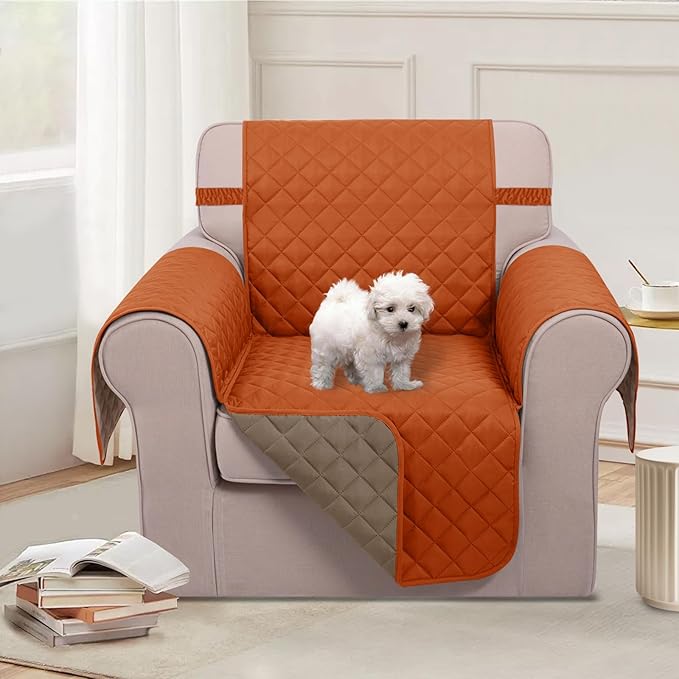 U-NICE HOME Recliner Chair Covers Reversible Chair Cover Pet Covers for Dogs with Elastic Straps Water Resistant Diamond Quilted (23''Armchair, Orange/Taupe)
