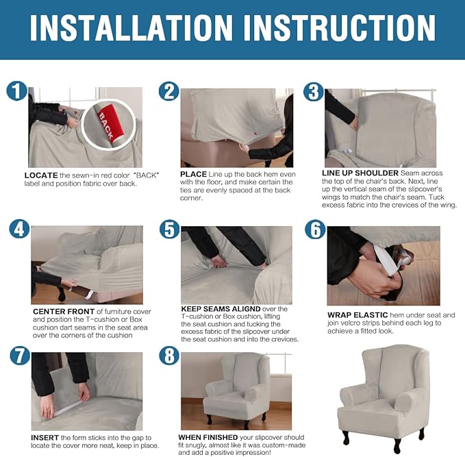 H.VERSAILTEX Wingback Chair Covers Velvet Plush Wing Chair Slipcover 1 Piece High Stretch Wing Back Chair Slipcovers Sofa Cover Furniture Cover with Elastic Bottom, Oatmeal