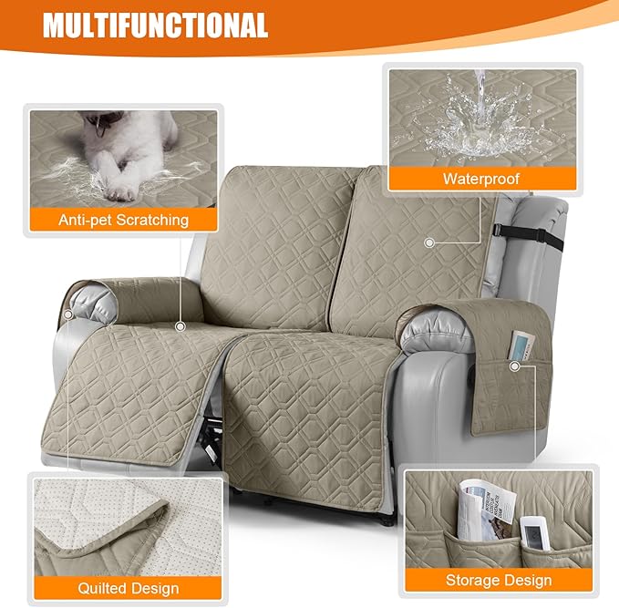 VANSOFY Waterproof Recliner Couch Covers, Sofa Covers 1-Piece Washable Reclining Sofa Cover Non-Slip Furniture Protector with Elastic Straps Pocket for Dogs, Pets(Khaki,2 Seater)