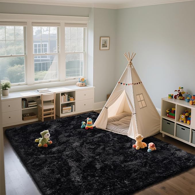 Shag Area Rugs for Bedroom Living Room,5X8 Ultra Soft Fluffy Area Rugs for Dorm,Indoor Carpet Nursery Rugs for Kids Girls Room Home Decor, Black