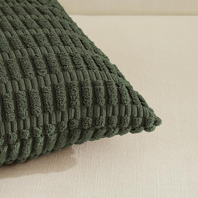Fancy Homi 4 Packs Boho Olive Green Decorative Throw Pillow Covers 14x24 Inch for Couch Bed Sofa, Rustic Modern Farmhouse Home Decor, Soft Plush Corduroy Cute Square Cushion Case 35x60 cm