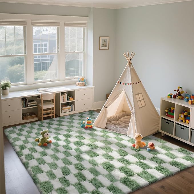 Area Rugs for Bedroom Living Room,4x6 Green and White Fluffy Soft Checkered Rug Fuzzy Shag Shaggy Carpet, Indoor Plush Floor Rugs for Kids Boys Girls Teen Dorm Nursery Home Decor