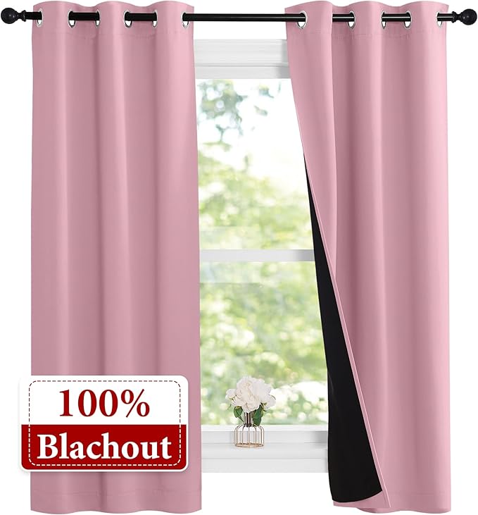 NICETOWN Crystal Pink Full Shade Curtain Panels, 37" Wide x 70" Long, Pair of Thermal Insulated & Energy Efficiency Blackout Curtains for Living Room Windows, Lined Silky Performance Window Dressing