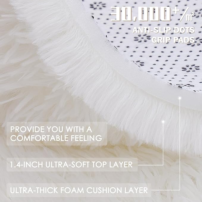 OLANLY Ivory Round Rugs for Bedroom - Machine Washable, 3 ft Circle Area Rugs for Living Room, Soft and Fluffy Shaggy Carpet for Teen Girls and Boys, Nursery Rooms, Dorms, Home Decor Aesthetic