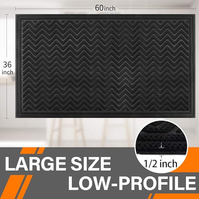 Mibao Front Door Mat, Dirt Trapper Welcome Mat for Outdoor Indoor, Non-Slip Waterproof Doormat, Durable Machine Washable Low Profile Entry Rug for Back Door Outside Patio, 61.5" x 36", Black Wave