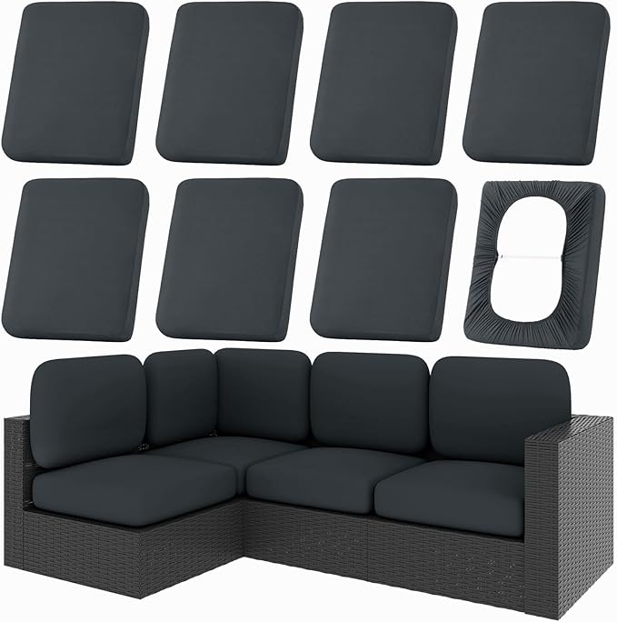 hyha 8Pcs Patio Cushion Covers, Stretch Outdoor Couch Cushion Covers, Washable Outdoor Chair/Sofa Slipcovers for Patio Furniture Cushions Protector with Elastic Bottom(Dark Gray,Cover Only)