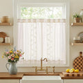 jinchan Belrose Linen Floral Kitchen Curtains 36 inch Length Embroidered Farmhouse Cafe Curtains for Living Room Bathroom Small Windows Curtain Set Sheer Light Filtering 2 Panels White