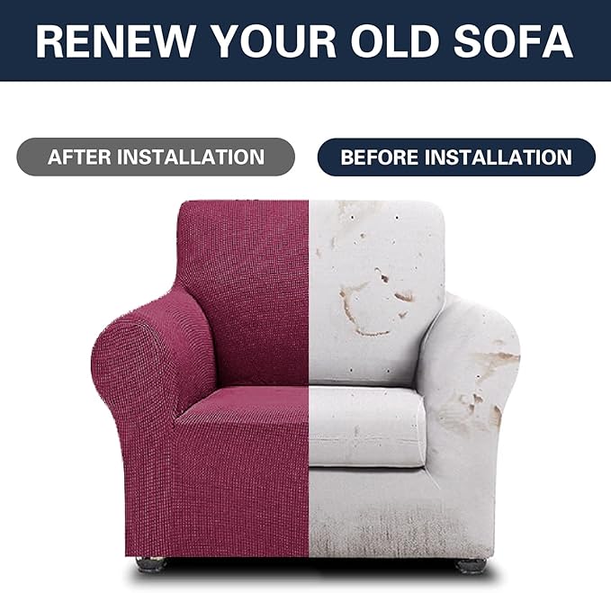 Cupuamon 2026 New Stretch Chair Sofa Slipcovers Couch Cover for 1 Seater Furniture Protector Sofa Covers with Elastic Bottom Jacquard Fabric Small Checks for Pets, Kids - Wine