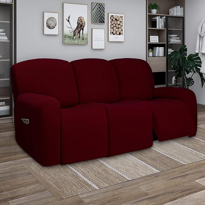 PureFit Super Stretch 3 Seats Recliner Chair Sofa Couch Cover with Pocket – Non Slip Soft Sofa Slipcover, Washable Spandex Reclining Furniture Protector for Kids, Pets (Recliner Sofa, Wine)