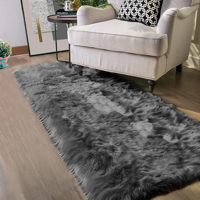 Latepis Hallway Runner Rugs 2x10 Dark Gray Faux Wool Fur Rug Wasgable Non Slip Fluffy Rug for Living Room Luxury Home Décor Rectangle