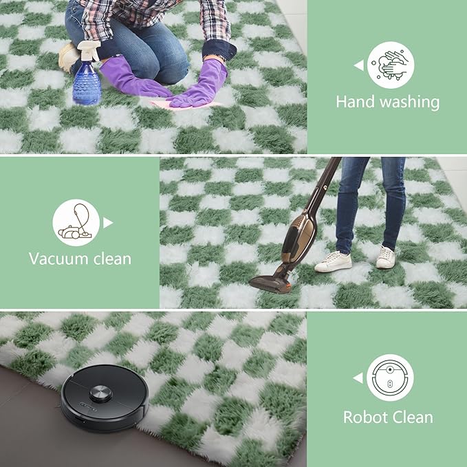 Large Area Rugs for Living Room Bedroom,9x12 Green and White Fluffy Soft Checkered Rug Fuzzy Shag Shaggy Carpet, Indoor Plush Floor Rugs for Kids Boys Girls Teen Dorm Nursery Home Decor
