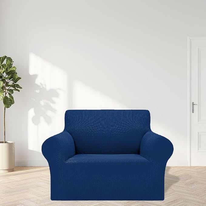 Cupuamon 2026 New Stretch Chair Sofa Slipcovers Couch Cover for 1 Seater Furniture Protector Sofa Covers with Elastic Bottom Jacquard Fabric Small Checks for Pets, Kids - Classic Blue