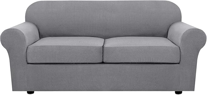 H.VERSAILTEX 3 Piece Stretch Sofa Covers for 2 Cushion Sofa Couch Covers for Living Room Furniture Cover (Base Cover Plus 2 Seat Cushion Covers) Thicker Jacquard Fabric(Large Sofa, Dove)