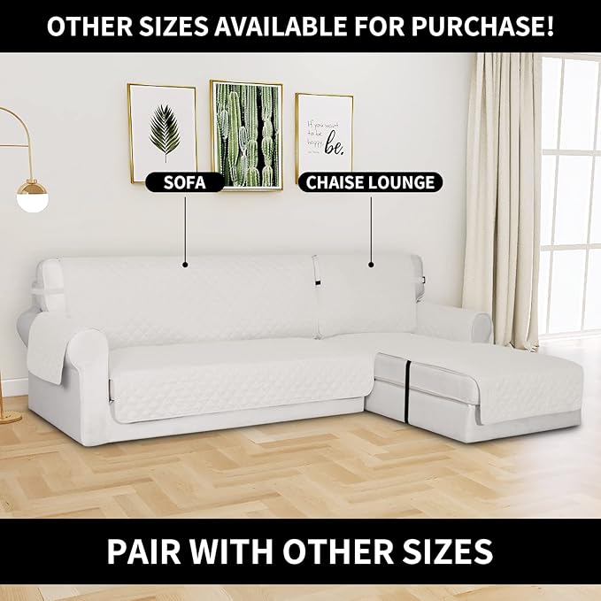 Easy-Going Reversible Chaise Lounge Couch Cover Water Resistant Sofa Cover Sectional L Shaped Sofa Slipcover with Adjustable Straps Furniture Protector for Dogs (115X34 in, Ivory/Ivory)