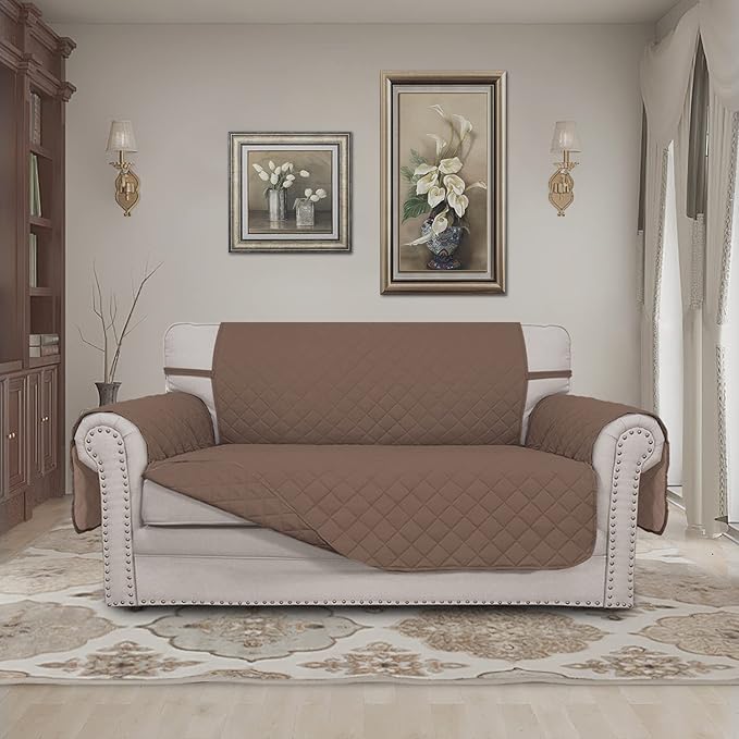 Easy-Going Reversible Loveseat Couch Cover for 2 Cushion Couch Sofa Cover for Dogs Water Resistant Furniture Protector with Foam Sticks Elastic Straps for Pet (Loveseat, Brown/Brown)