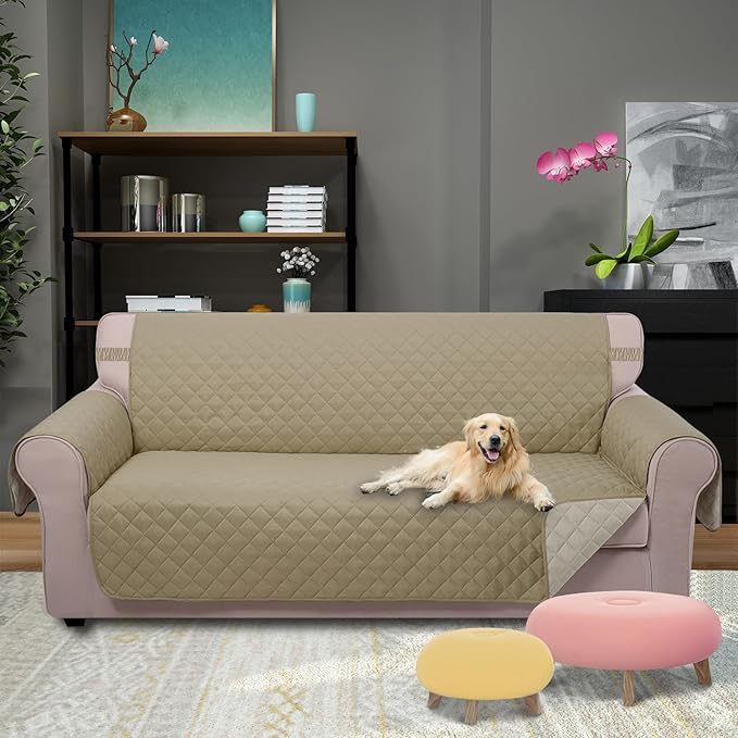 U-NICE HOME Large Sofa Cover Reversible Couch Cover for Dogs Pets with Elastic Straps Water Resistant Furniture Protector for 4 Cushion Couch (Oversized Sofa, Light Camel/Beige)