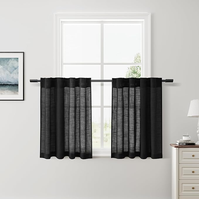 Nanspring Black Linen Curtains 30 Inch Length Short Kitchen,Privacy Linen Blend Light Filtering Panels Back Tab and Rod Pocket Cafe Drapes for Half Window 26 x 30 Inch,2 Panels
